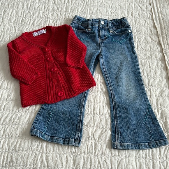 4T vintage western style wide leg, denim jeans + red somebody loves me cardigan - Picture 1 of 15